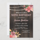 50e verjaardag Rustic Wood Pink Flower Invitation Kaart (Voorkant)