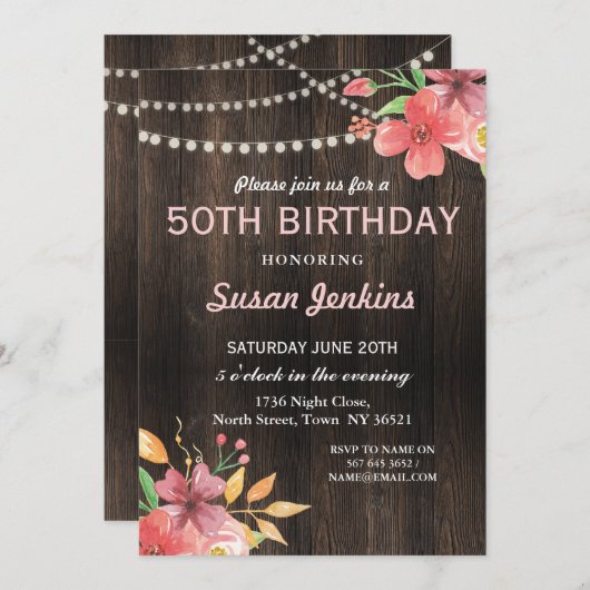 50e verjaardag Rustic Wood Pink Flower Invitation Kaart (Voorkant / Achterkant)