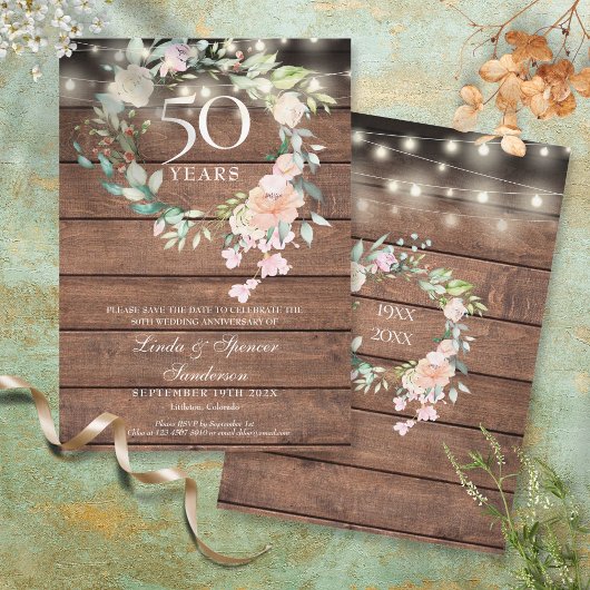 50e verjaardag Rustieke bloemenslingerlampjes Save The Date