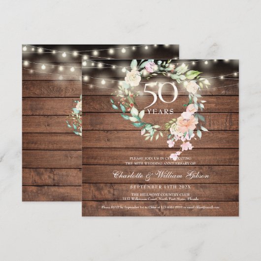 50e verjaardag Rustieke slingerlichtjes bloemen Kaart (Voorkant / Achterkant)