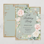 50e verjaardag Saliegroen Gouden waterverf bloemmo Briefkaart (Voorkant / Achterkant)