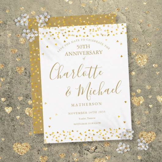 50e verjaardag Save the Date Gouden Harten Script Aankondigingskaart