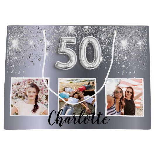 50e verjaardag Silver Glitter stoffotomonogram Groot Cadeauzakje (Voorkant)