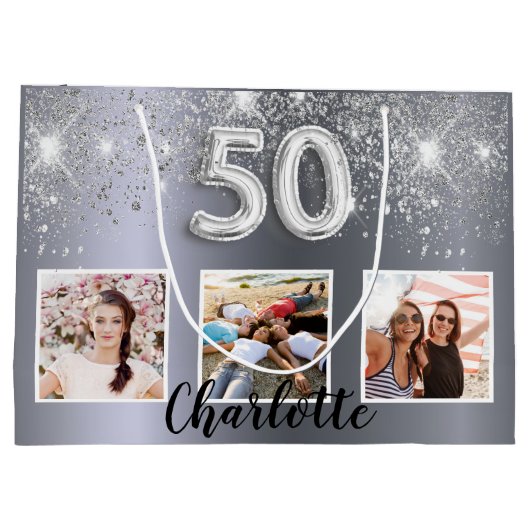 50e verjaardag Silver Glitter stoffotomonogram Groot Cadeauzakje (Achterkant)