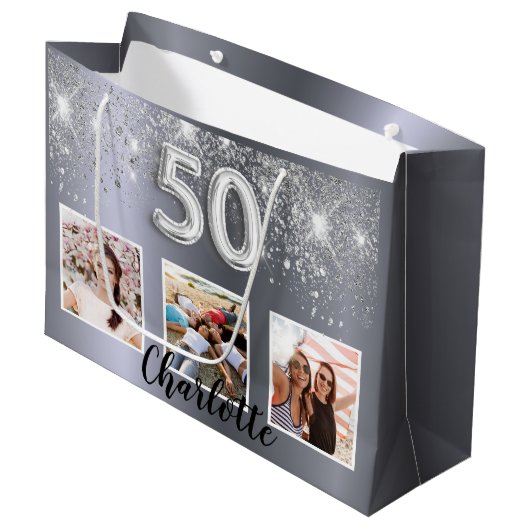 50e verjaardag Silver Glitter stoffotomonogram Groot Cadeauzakje (Voorkant Gekanteld)