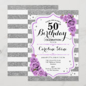 50e verjaardag - Silver White Stripes Paarse Rozen Kaart (Voorkant / Achterkant)