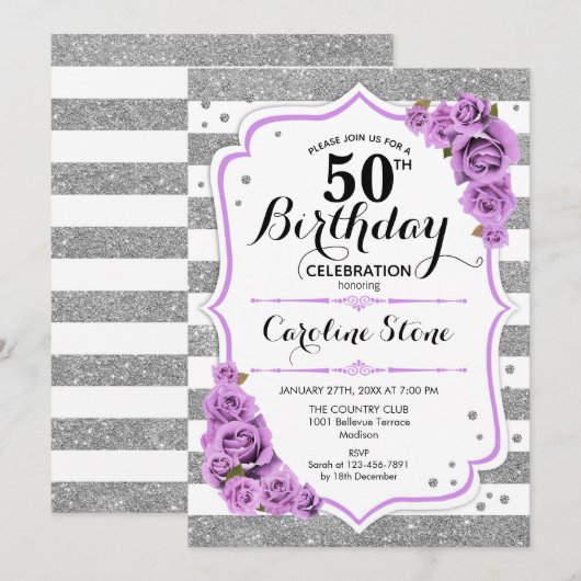 50e verjaardag - Silver White Stripes Paarse Rozen Kaart (Voorkant / Achterkant)