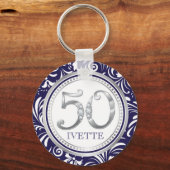 50e verjaardag Sleutelhanger-Navy Blue & Silver Sleutelhanger (Voorkant)