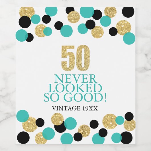50e Verjaardag Sparkling Gold Glitter Blauwgroen C Wijn Etiket (Enkel label)