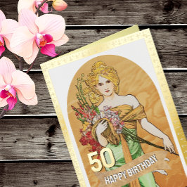 50e verjaardag, Spring Goddess, Mucha,  kunst Folie Wenskaart