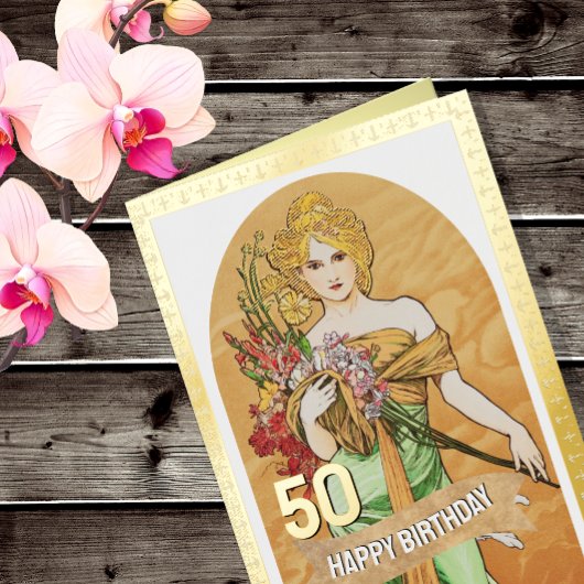 50e verjaardag, Spring Goddess, Mucha,  kunst Folie Wenskaart
