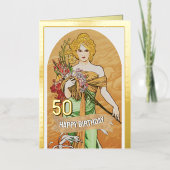 50e verjaardag, Spring Goddess, Mucha,  kunst Folie Wenskaart (Voorkant)