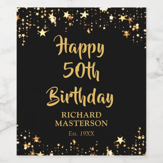 50e verjaardag Stijlvolle Zwart Gouden Sterren Naa Wijn Etiket (Enkel label)