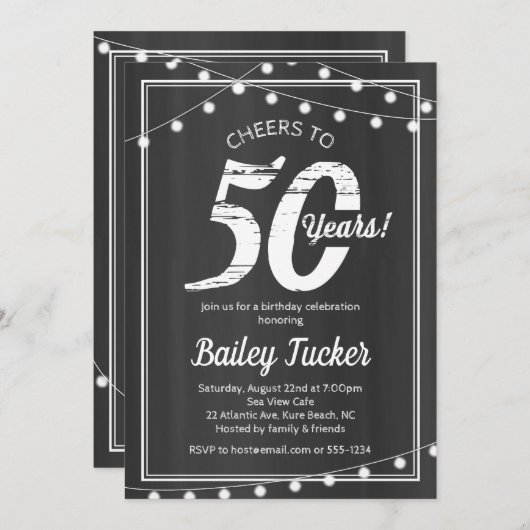 50e verjaardag String Lights op schoolbord Kaart (Voorkant / Achterkant)