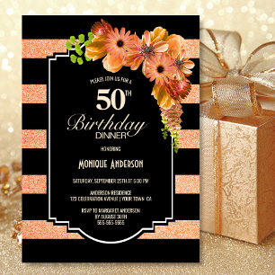 50e verjaardag Striped Coral Floral Dinner Party Kaart