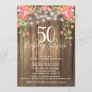 50e verjaardag Surprise Brunch Rustic Floral Wood Kaart