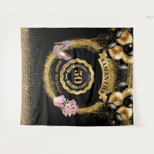 50e Verjaardag Tapestry Gouden Glitter Roze Hoge H Wandkleed (Voorkant (horizontaal))