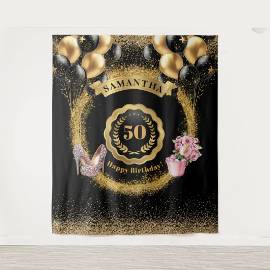 50e Verjaardag Tapestry Gouden Glitter Roze Hoge H Wandkleed (Voorkant)