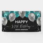 50e Verjaardag Teal Zilveren Ballonnen Banner (Horizontaal)