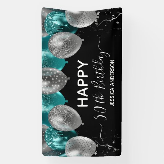 50e Verjaardag Teal Zilveren Ballonnen Banner (Verticaal)
