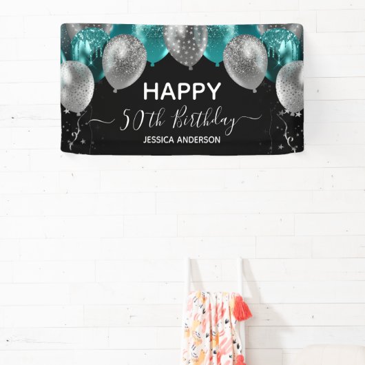 50e Verjaardag Teal Zilveren Ballonnen Banner (Insitu)