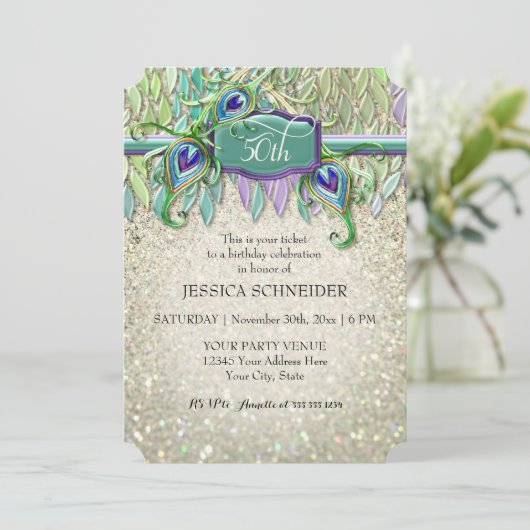 50e verjaardag Ticket Peacock Feather Kaart (Staand voorkant)