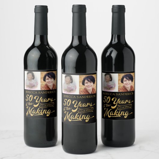 50e verjaardag toen en nu foto's | Zwart & Goud Wijn Etiket (Flessen)