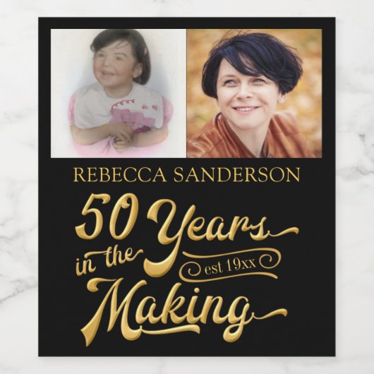 50e verjaardag toen en nu foto's | Zwart & Goud Wijn Etiket (Enkel label)