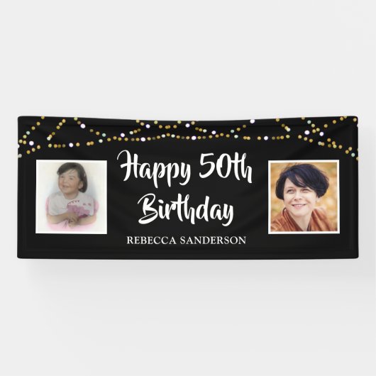 50e verjaardag toen & nu foto's Lights Zwart Spandoek (Horizontaal)