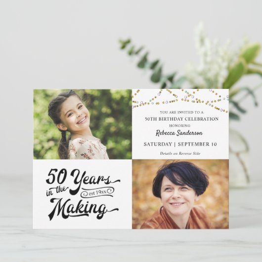 50e verjaardag toen & nu foto's String Lights Invi Kaart (Staand voorkant)