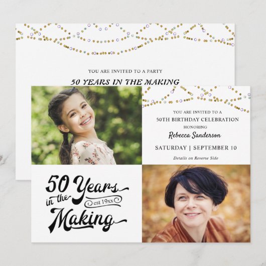 50e verjaardag toen & nu foto's String Lights Invi Kaart (Voorkant / Achterkant)