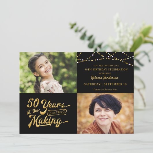 50e verjaardag toen & nu foto's String Lights Kaart (Staand voorkant)