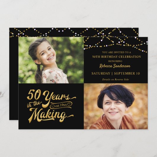 50e verjaardag toen & nu foto's String Lights Kaart (Voorkant / Achterkant)