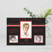 50e verjaardag Tri Photo Invitations Black & Red Kaart (Staand voorkant)