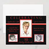 50e verjaardag Tri Photo Invitations Black & Red Kaart (Voorkant / Achterkant)