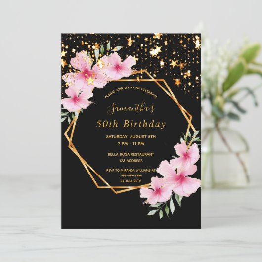 50e verjaardag tropisch geometrisch zwart gouden s kaart (Staand voorkant)