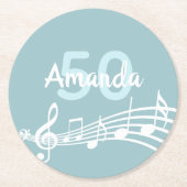 50e verjaardag turquoise blauwe naam muzieknoten ronde kartonnen onderzetter (Voorkant)