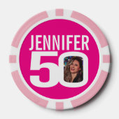 50e verjaardag twee aangepaste foto's roze en wit poker chips (Voorkant)