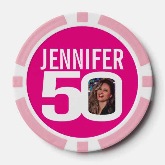 50e verjaardag twee aangepaste foto's roze en wit poker chips (Voorkant)