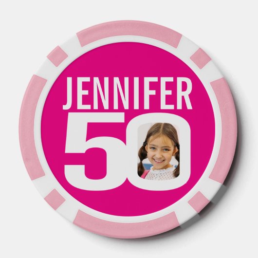 50e verjaardag twee aangepaste foto's roze en wit poker chips (Achterkant)