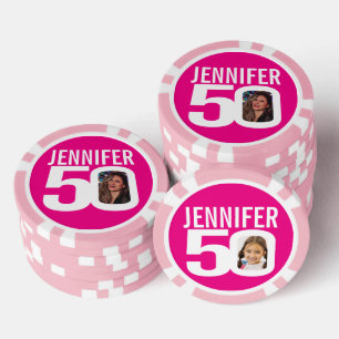 50e verjaardag twee aangepaste foto's roze en wit poker chips