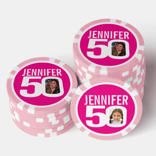 50e verjaardag twee aangepaste foto's roze en wit poker chips (Opstapeling)