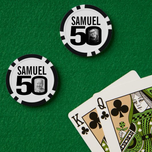 50e verjaardag twee aangepaste foto's zwart-wit poker chips (Pokertafel (Dubbel))