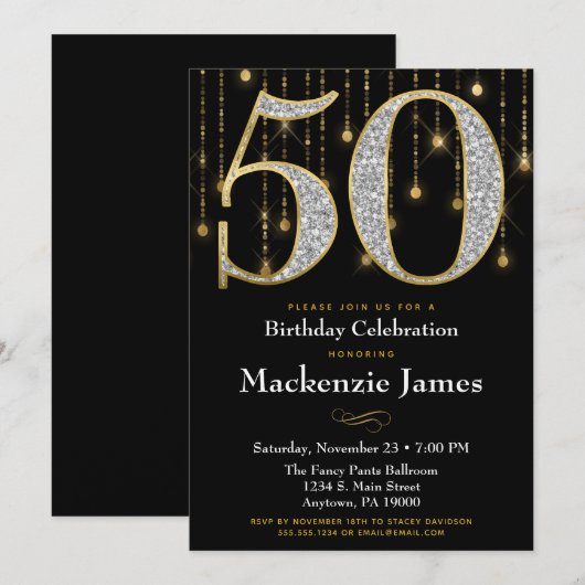50e verjaardag Uitnodiging Black Gold Diamonds Adu (Voorkant / Achterkant)