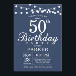 50e verjaardag uitnodiging blauw<br><div class="desc">50e verjaardag uitnodiging met strijklichten. Blauwe achtergrond. Verjaardag van mannen of vrouwen. 13e 15e 16e 18e 20e 21e 30e 40e 50e 60e 70e 80e 90e 100e,  elke leeftijd. Voor verdere aanpassing klikt u op de knop "Aanpassen" en gebruikt u onze ontwerptool om deze sjabloon te wijzigen.</div>