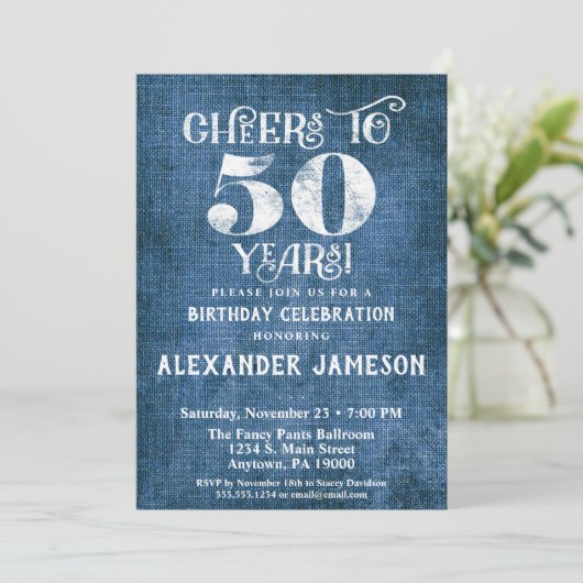 50e verjaardag Uitnodiging Blauwe linen Rustic Che (Staand voorkant)