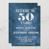 50e verjaardag Uitnodiging Blauwe linen Rustic Che (Voorkant / Achterkant)