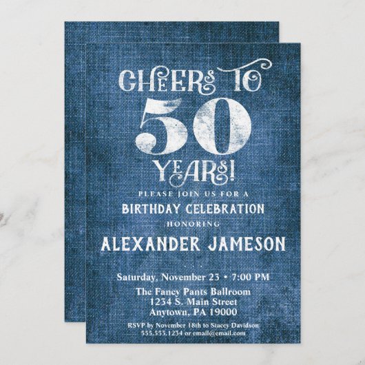50e verjaardag Uitnodiging Blauwe linen Rustic Che (Voorkant / Achterkant)