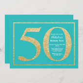 50e verjaardag uitnodiging Blauwgroen en Goud Glit (Voorkant / Achterkant)