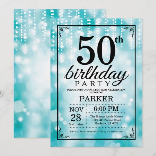 50e verjaardag Uitnodiging Blauwgroen Glitter (Voorkant / Achterkant)